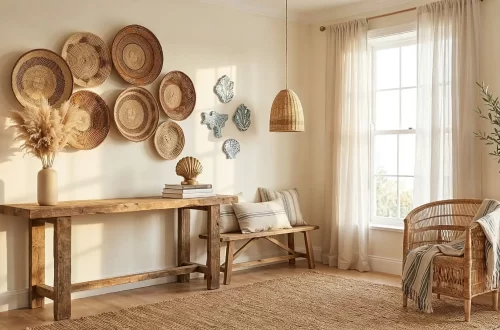 A sunlit coastal grandmother room with a rustic wooden console table, bench, and wicker chair. Woven baskets and ceramic art decorate the wall. Sheer curtains frame a tall window; a jute rug and greenery complete the cozy, natural decor.