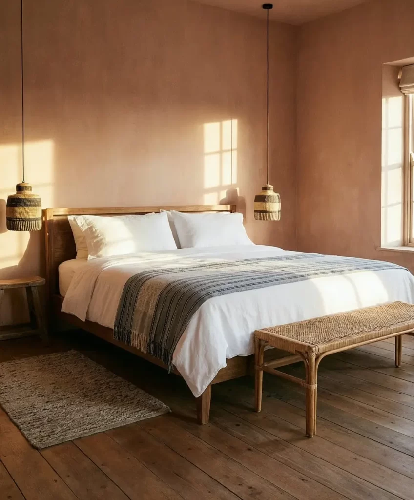 A cozy coastal grandmother bedroom with a wooden bed frame, white bedding, and a striped gray throw blanket. Two woven pendant lights hang above wooden nightstands, and a woven bench sits at the foot of the bed. Sunlight streams through the window.