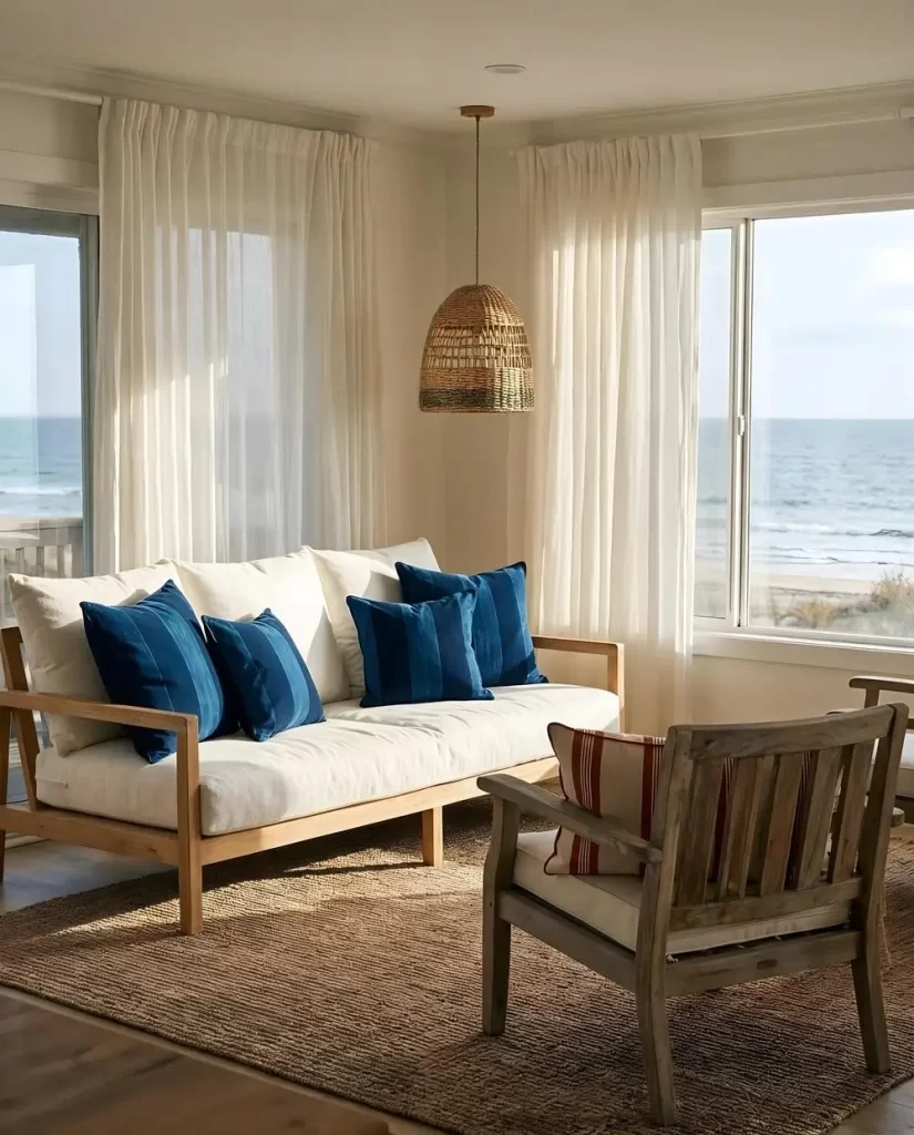 Bright, airy coastal grandmother living room with a wooden sofa and blue pillows, a rustic wooden chair, woven rug, and large windows with sheer curtains overlooking the ocean. A woven pendant light hangs from the ceiling.