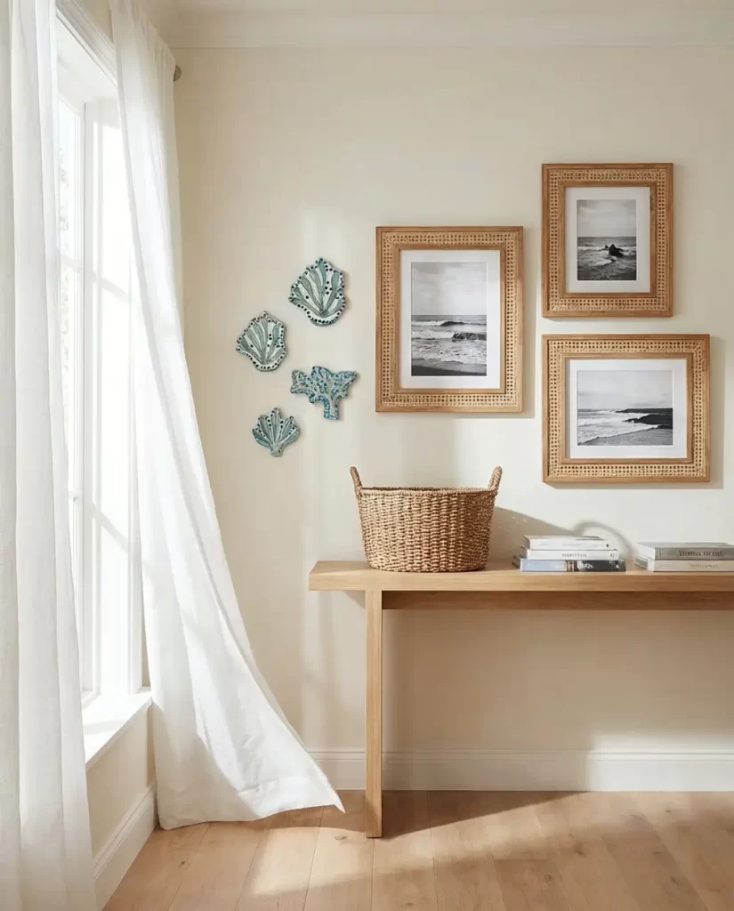 A bright room with a wooden floor, a console table holding a wicker basket and books, white curtains, and a wall decorated with framed black-and-white photos and blue sea-themed ceramic wall art.
