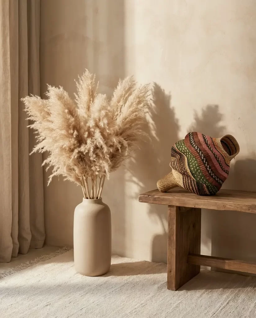 A large beige vase holds fluffy pampas grass, placed on a light rug beside a wooden bench. A colorful woven basket sits on the bench against a neutral textured wall. Natural light filters in from the left.