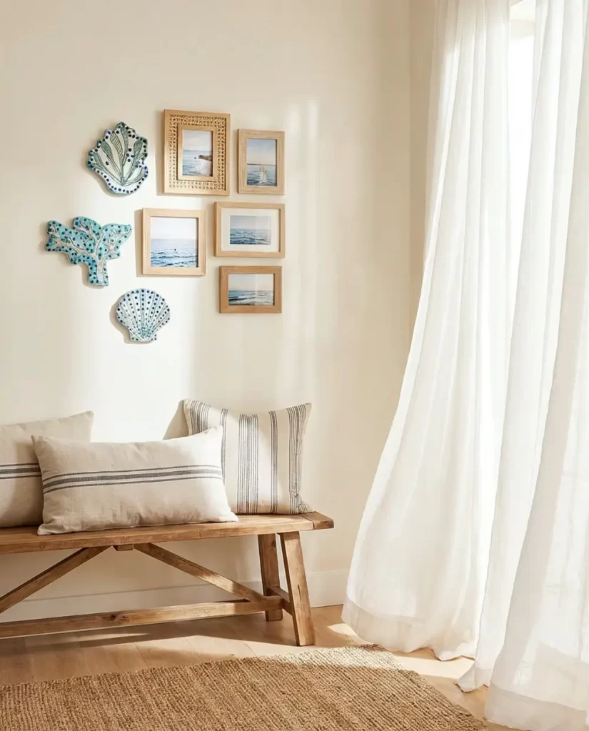 A cozy coastal corner with a wooden bench, striped cushions, a woven rug, and sheer white curtains. The wall displays beach-themed art, including ceramic sea creatures and framed ocean photos. Sunlight filters softly through the window.