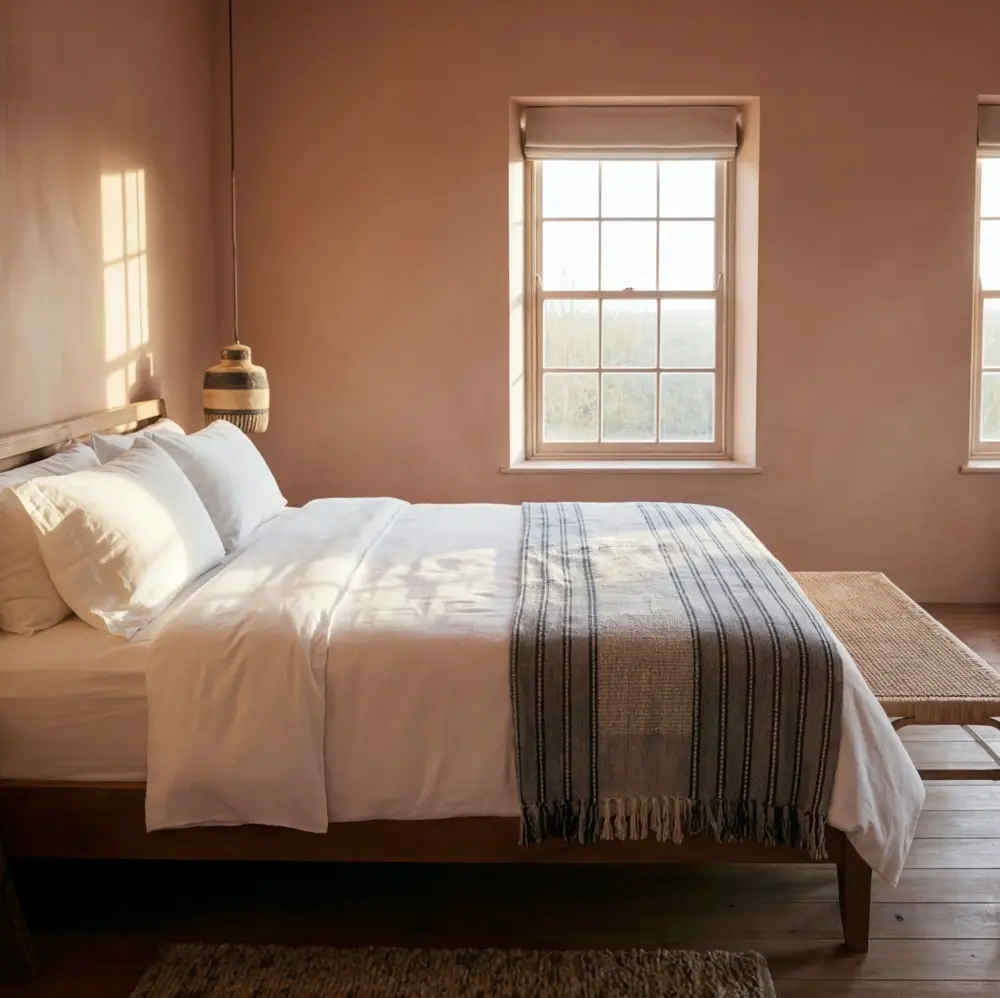 A sunlit coastal bedroom with beige walls, a wooden bed with white bedding, and a striped throw blanket. Two windows let in natural light, and a woven bench sits at the foot of the bed. A pendant lamp hangs beside the bed.
