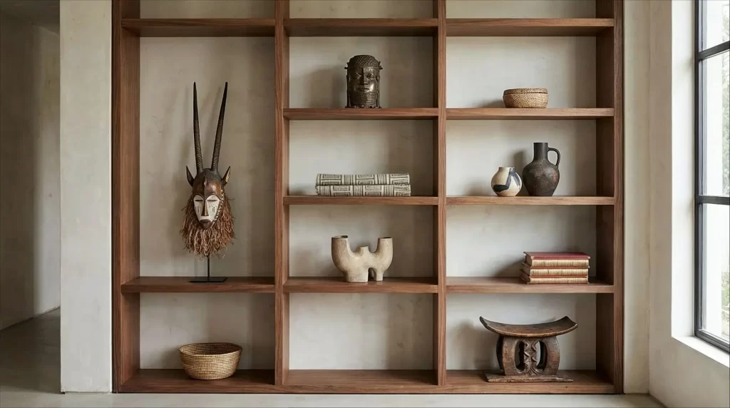 A wooden bookshelf with open square compartments displays a heritage collection: African masks, woven baskets, stacked books, pottery, and decorative artifacts. Natural light streams in from a nearby window.