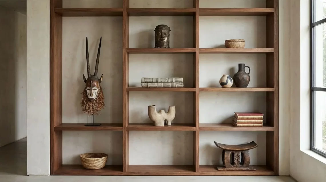 A wooden bookshelf with open square compartments displays a heritage collection: African masks, woven baskets, stacked books, pottery, and decorative artifacts. Natural light streams in from a nearby window.