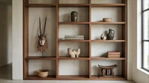 A wooden bookshelf with open square compartments displays a heritage collection: African masks, woven baskets, stacked books, pottery, and decorative artifacts. Natural light streams in from a nearby window.