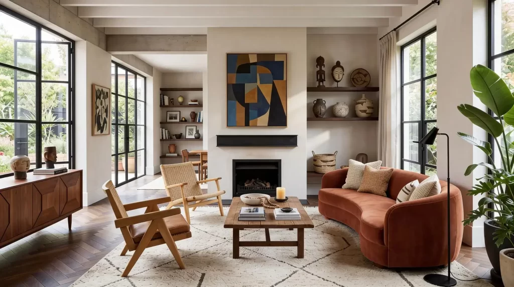 Stylish eclectic living room with modern decor, featuring a rust-colored sofa, wooden chairs, geometric art above a fireplace, and large windows. Cozy and inviting atmosphere.