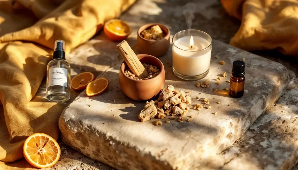 Scent stacking: a stone surface holds dried citrus slices, small bowls with wood and resin pieces, a lit candle, a glass bottle of liquid, and a small amber dropper bottle, all arranged with warm sunlight and a yellow cloth in the background.