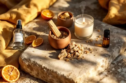 Scent stacking: a stone surface holds dried citrus slices, small bowls with wood and resin pieces, a lit candle, a glass bottle of liquid, and a small amber dropper bottle, all arranged with warm sunlight and a yellow cloth in the background.
