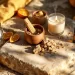 Scent stacking: a stone surface holds dried citrus slices, small bowls with wood and resin pieces, a lit candle, a glass bottle of liquid, and a small amber dropper bottle, all arranged with warm sunlight and a yellow cloth in the background.
