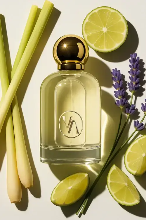 A perfume bottle with a gold cap is surrounded by lemongrass stalks, halved limes, and a sprig of lavender, all arranged on a light surface.