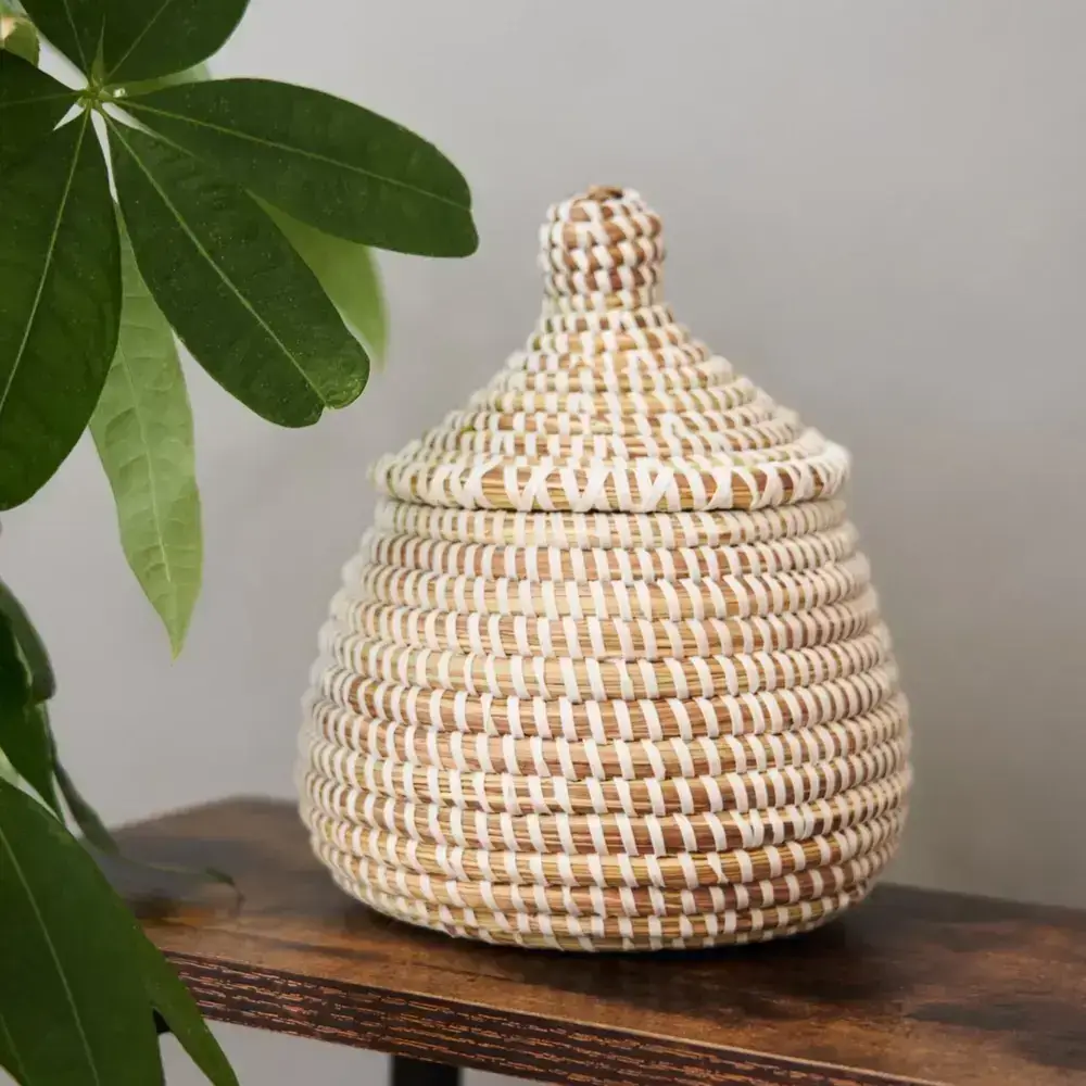 A woven lidded basket with a conical top and white accents sits on a wooden surface next to green leafy plant leaves, against a plain light gray wall.