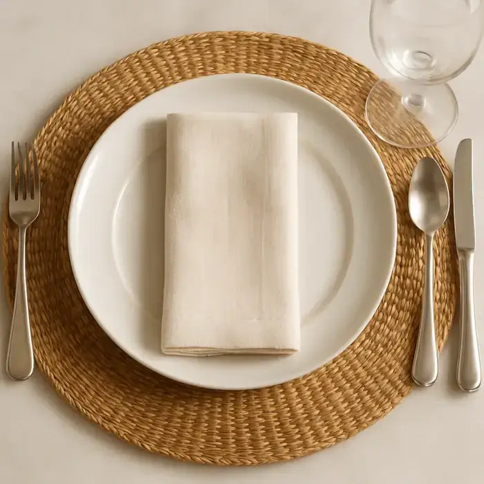A table setting with a round woven placemat, a white plate, a folded beige napkin, a fork on the left, a knife and spoon on the right, and a clear wine glass above the utensils.
