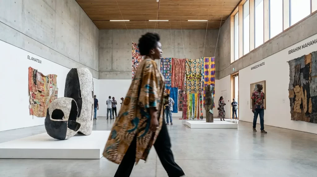 A person in a patterned robe walks through a modern gallery with high ceilings, concrete walls showcasing contemporary African art. Colorful textiles and sculptures displayed throughout the space. Several people observe the artworks.