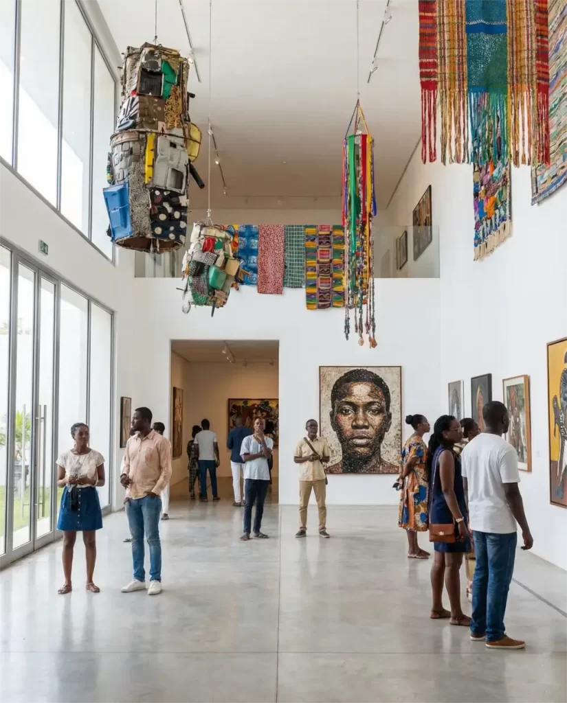 People view art in a modern gallery with high ceilings, large windows showcasing contemporary African art. Colorful woven and recycled material art hanging from above, and portraits and paintings on the white walls.