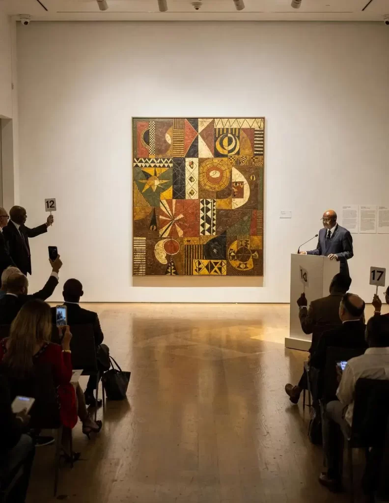 An art auction scene with a large abstract painting on the wall, a man at a podium, and people in the audience raising numbered paddles to bid. The room is well-lit with polished wooden floors.