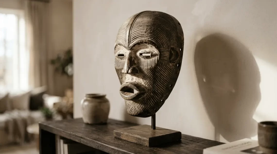 A carved African mask with textured patterns and open mouth is displayed on a wooden stand, placed on a dark shelf next to a ceramic pot, in a softly lit room.