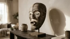 A carved African mask with textured patterns and open mouth is displayed on a wooden stand, placed on a dark shelf next to a ceramic pot, in a softly lit room.