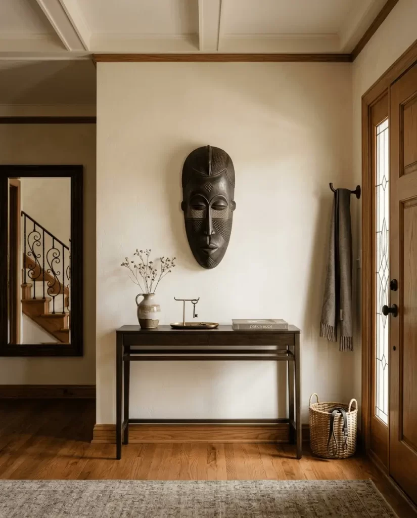Entryway with a wooden console table, decorative vases, a large African mask on the wall, a mirror on the left, a wicker basket on the floor, and a towel hanging by a wooden front door.