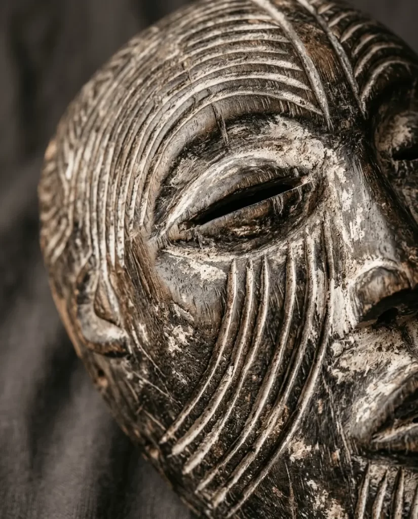 A close-up of a weathered wooden African mask with carved lines and patterns, showing a partially closed eye and textured, aged surface.