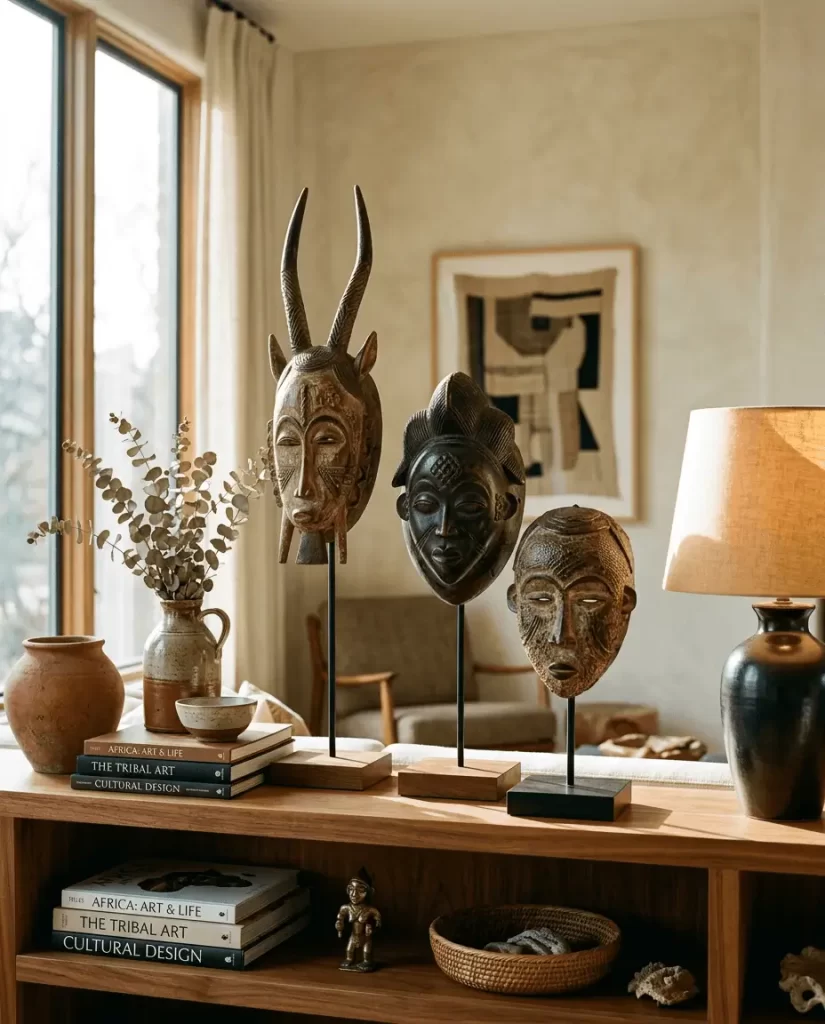 Three African masks on stands are displayed on a wooden shelf with pottery, dried flowers, books, and a table lamp in a warmly lit, modern living room with large windows and abstract wall art.