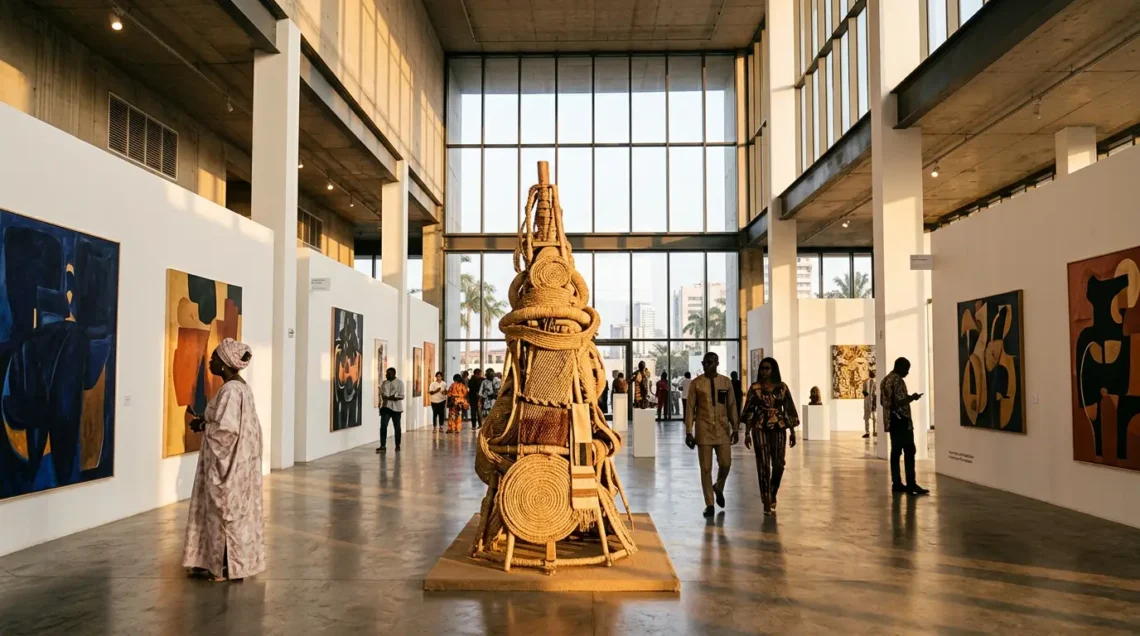 Visitors walk through a spacious African art gallery featuring abstract paintings on the walls and a large, intricate sculpture made of woven rope and natural materials in the center.