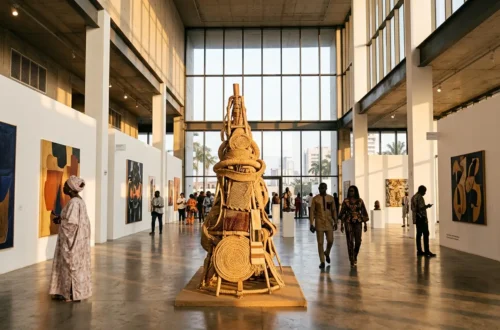 Visitors walk through a spacious African art gallery featuring abstract paintings on the walls and a large, intricate sculpture made of woven rope and natural materials in the center.