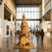 Visitors walk through a spacious African art gallery featuring abstract paintings on the walls and a large, intricate sculpture made of woven rope and natural materials in the center.