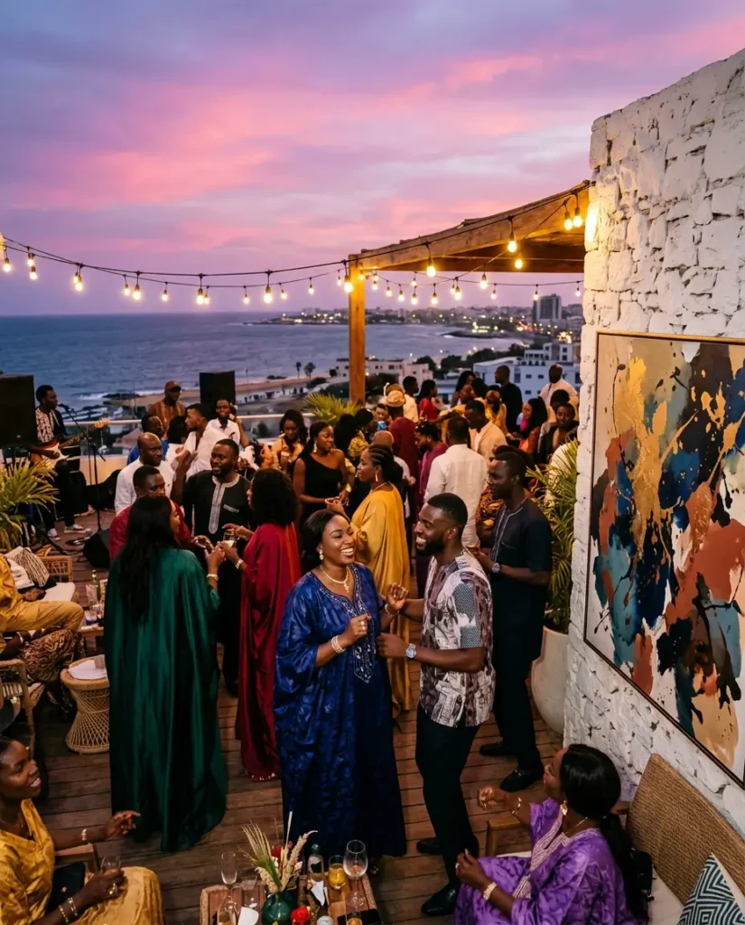 A diverse group of people socializing at a lively rooftop party in Dakar, Senegal, overlooking the ocean at sunset, with string lights overhead and a large abstract painting on a stone wall. Colorful outfits and festive ambiance.