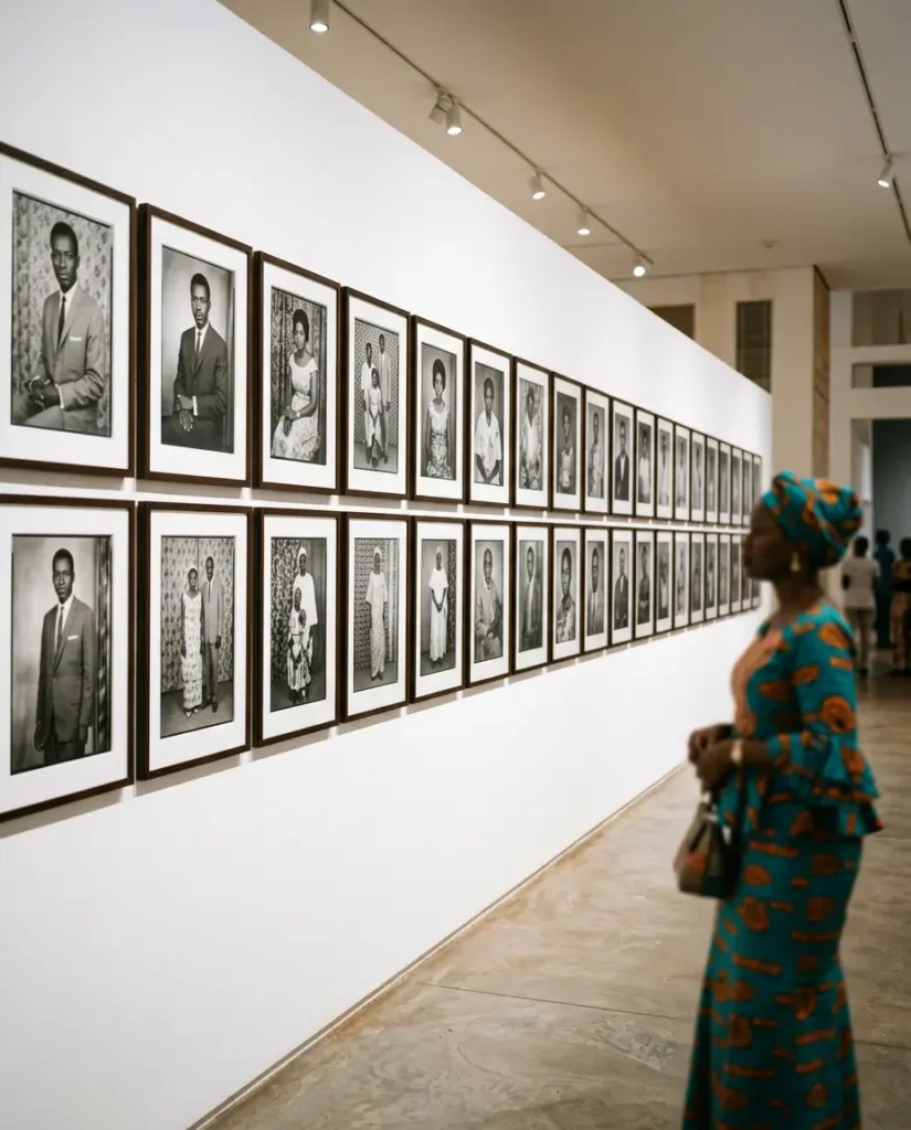 A woman in a patterned dress and headwrap views a long gallery wall lined with framed black-and-white portrait photographs inspired from the work of Malian artist Seydou Keita.