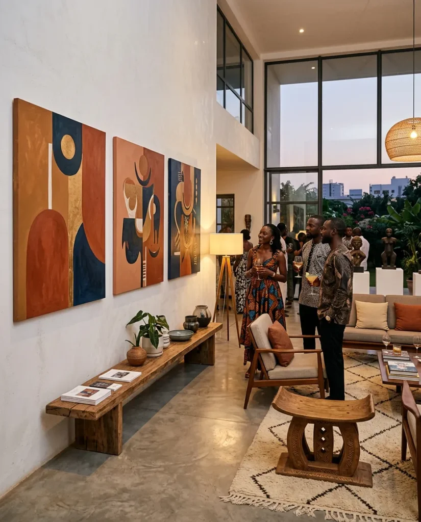 Three people stand in a modern, high-ceilinged African art gallery, looking at three abstract paintings hung on a white wall above a long wooden bench.