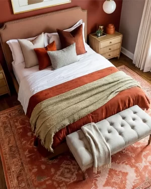 A high-angle view of a luxurious bedroom with deep terracotta walls. The bed features a tan studded headboard, white linens, and a mix of rust and sage green velvet pillows. A tufted grey bench sits at the foot of the bed on a patterned orange Persian rug.