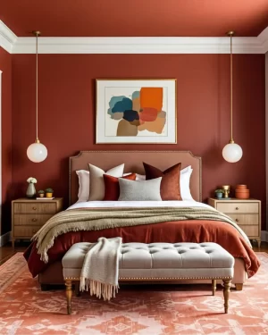 A symmetrical wide shot of a master bedroom. The walls and ceiling are painted a deep terracotta, contrasted by white crown molding. Two white globe pendant lights hang over light-wood nightstands on either side of a bed styled with earthy, autumnal tones.