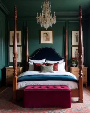 A moody, maximalist bedroom with dark emerald green wainscoted walls and a crystal chandelier. A four-poster wooden bed features a navy blue velvet headboard and a bold magenta tufted bench at the foot.