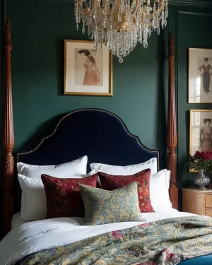 A centered shot of a navy velvet headboard and a crystal chandelier. The bed is layered with pillows in red floral patterns and a green damask-style duvet, set against a deep forest green wall.