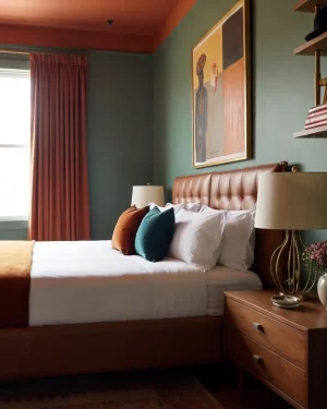 A maximalist bedroom with deep teal-green walls and a terracotta-painted ceiling. A cognac leather tufted headboard is paired with teal velvet and ochre pillows. A dark wood nightstand holds a gold wire lamp and a vase of pink flowers.