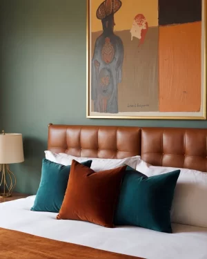 A focus on a cognac leather tufted headboard and a trio of velvet pillows in teal and burnt orange. A large, framed abstract painting with orange and grey-blue tones hangs on the dark green wall.