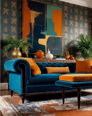 A bold living room with dark patterned wallpaper and a deep teal tufted Chesterfield sofa. Bright orange velvet pillows and a matching ottoman provide a high-contrast accent to the large blue and gold abstract art.