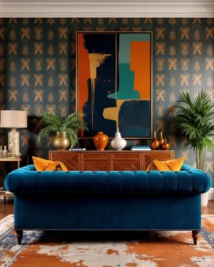 A symmetrical view of a royal blue tufted velvet sofa against dark teal wallpaper with a gold motif. A large abstract painting in orange, teal, and gold hangs above a mid-century sideboard.