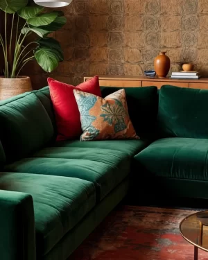 A corner view of a deep emerald green sectional sofa adorned with a bright red pillow and a patterned Afro-chic cushion, set against a textured brown stone wall.