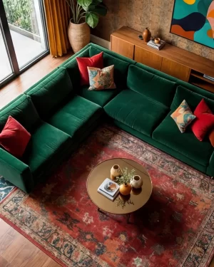 High-angle shot of a living room featuring a large emerald green sectional, a vintage-style red patterned rug, and a round gold coffee table with minimalist decor.