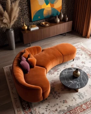 An overhead view of a sculptural, S-shaped burnt orange sofa on a cream patterned rug, paired with a black marble coffee table.