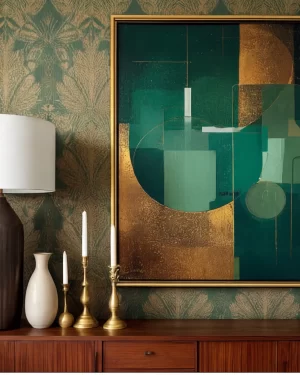 A vignette of a dark wood sideboard featuring gold candlesticks, a white ceramic vase, and a large green and gold geometric abstract painting against damask wallpaper.