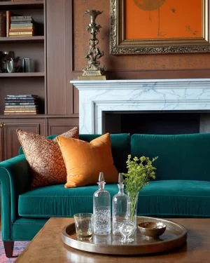 A sophisticated scene featuring an emerald green sofa with orange pillows in front of a white marble fireplace and a built-in dark wood bookshelf.