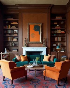 A sophisticated living room featuring floor-to-ceiling dark wood library shelving and a white marble fireplace. A deep teal velvet sofa and two burnt orange wingback chairs are arranged on a red and blue Persian rug. Above the mantel hangs a large abstract painting in vibrant orange and navy, flanked by ornate silver candlesticks.