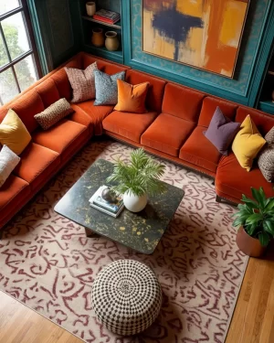 High-angle view of a luxurious seating area featuring a large, U-shaped rust velvet sectional sofa. The center holds a dark marble coffee table with a white vase of greenery. The floor is covered by a cream rug with a burgundy abstract script pattern, and a black-and-white patterned ottoman sits in the foreground.